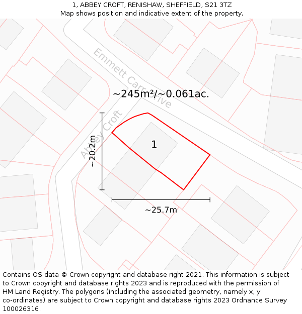 1, ABBEY CROFT, RENISHAW, SHEFFIELD, S21 3TZ: Plot and title map