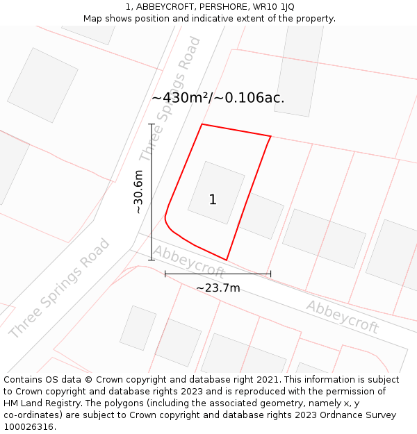 1, ABBEYCROFT, PERSHORE, WR10 1JQ: Plot and title map