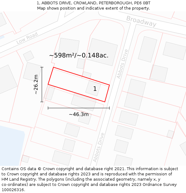 1, ABBOTS DRIVE, CROWLAND, PETERBOROUGH, PE6 0BT: Plot and title map