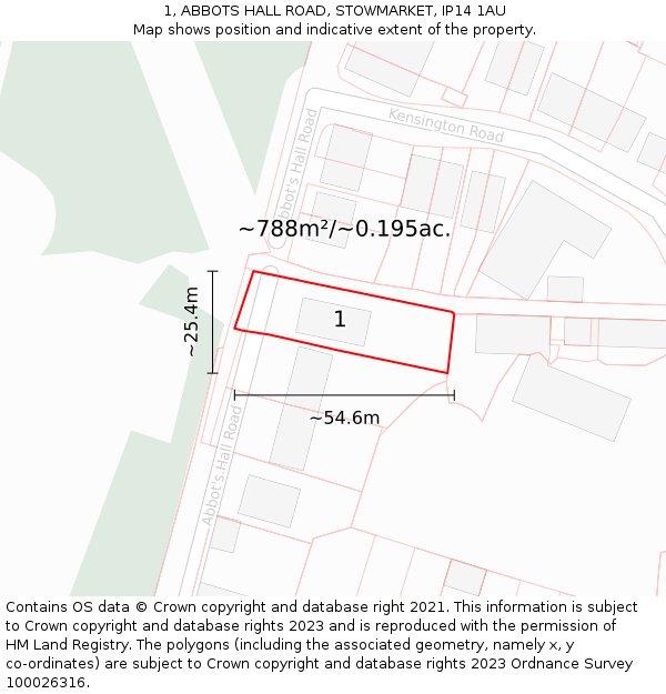 1, ABBOTS HALL ROAD, STOWMARKET, IP14 1AU: Plot and title map