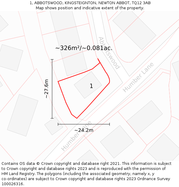 1, ABBOTSWOOD, KINGSTEIGNTON, NEWTON ABBOT, TQ12 3AB: Plot and title map