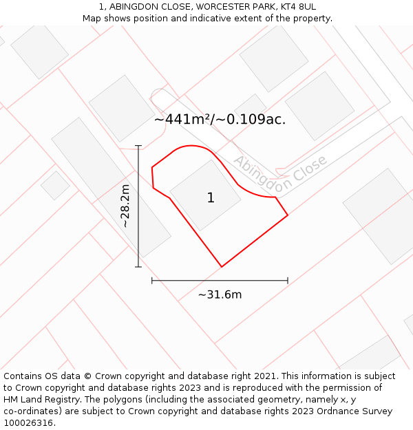 1, ABINGDON CLOSE, WORCESTER PARK, KT4 8UL: Plot and title map