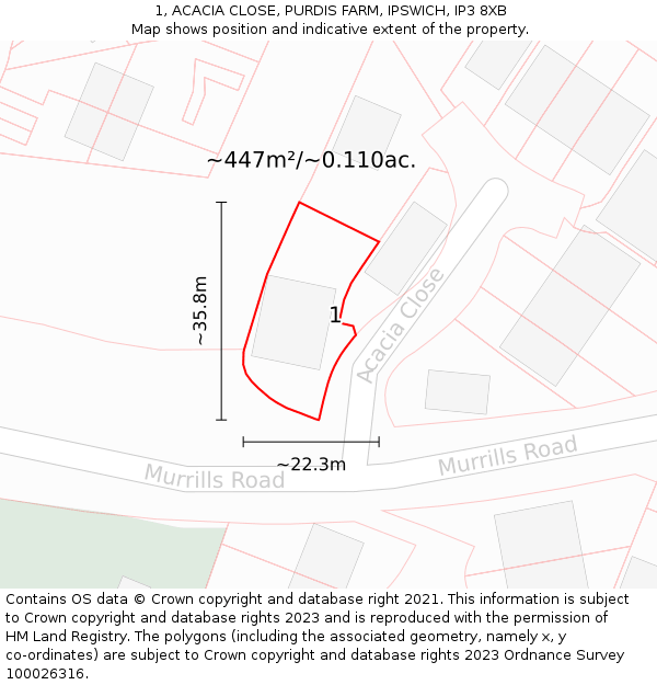 1, ACACIA CLOSE, PURDIS FARM, IPSWICH, IP3 8XB: Plot and title map