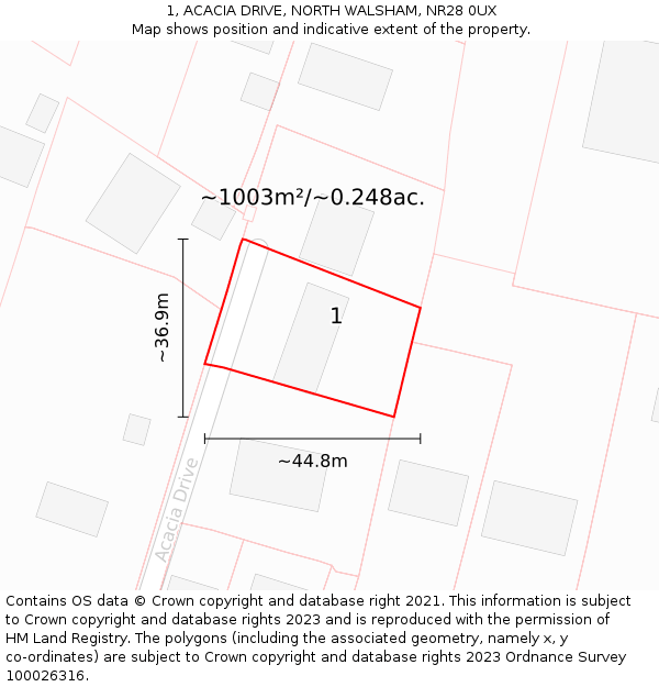 1, ACACIA DRIVE, NORTH WALSHAM, NR28 0UX: Plot and title map