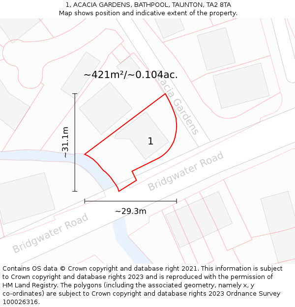 1, ACACIA GARDENS, BATHPOOL, TAUNTON, TA2 8TA: Plot and title map
