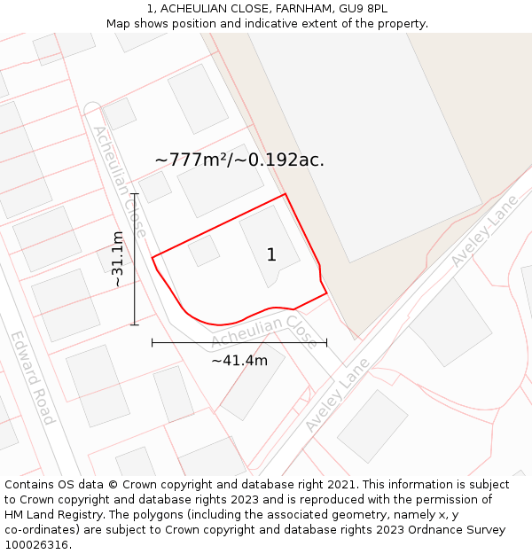 1, ACHEULIAN CLOSE, FARNHAM, GU9 8PL: Plot and title map