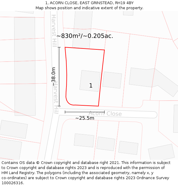 1, ACORN CLOSE, EAST GRINSTEAD, RH19 4BY: Plot and title map