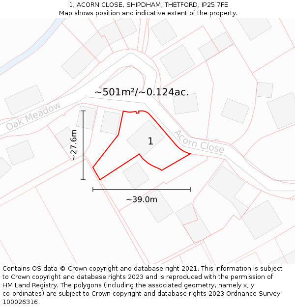 1, ACORN CLOSE, SHIPDHAM, THETFORD, IP25 7FE: Plot and title map