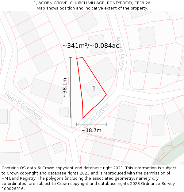 1, ACORN GROVE, CHURCH VILLAGE, PONTYPRIDD, CF38 2AJ: Plot and title map