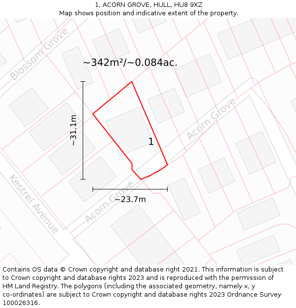 1, ACORN GROVE, HULL, HU8 9XZ: Plot and title map