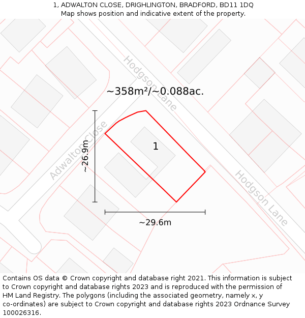 1, ADWALTON CLOSE, DRIGHLINGTON, BRADFORD, BD11 1DQ: Plot and title map