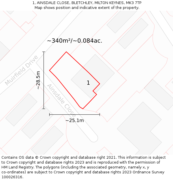 1, AINSDALE CLOSE, BLETCHLEY, MILTON KEYNES, MK3 7TP: Plot and title map