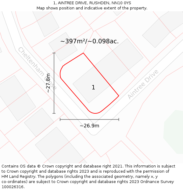 1, AINTREE DRIVE, RUSHDEN, NN10 0YS: Plot and title map