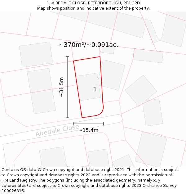 1, AIREDALE CLOSE, PETERBOROUGH, PE1 3PD: Plot and title map
