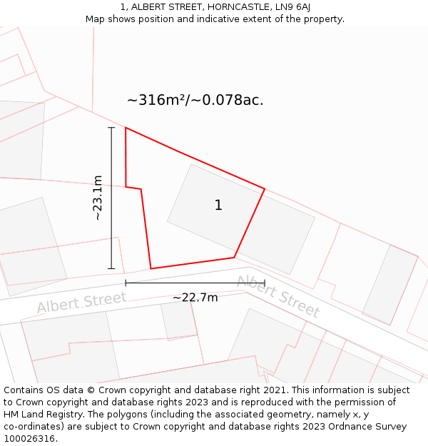 1, ALBERT STREET, HORNCASTLE, LN9 6AJ: Plot and title map