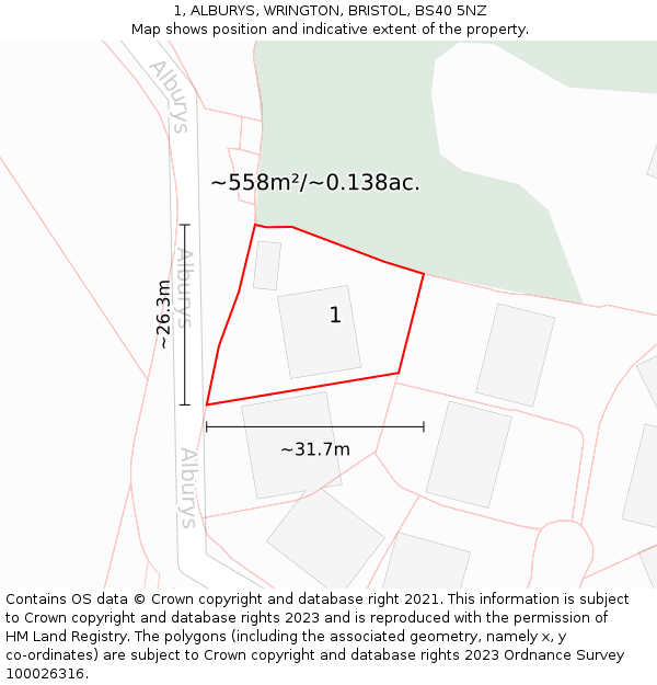 1, ALBURYS, WRINGTON, BRISTOL, BS40 5NZ: Plot and title map