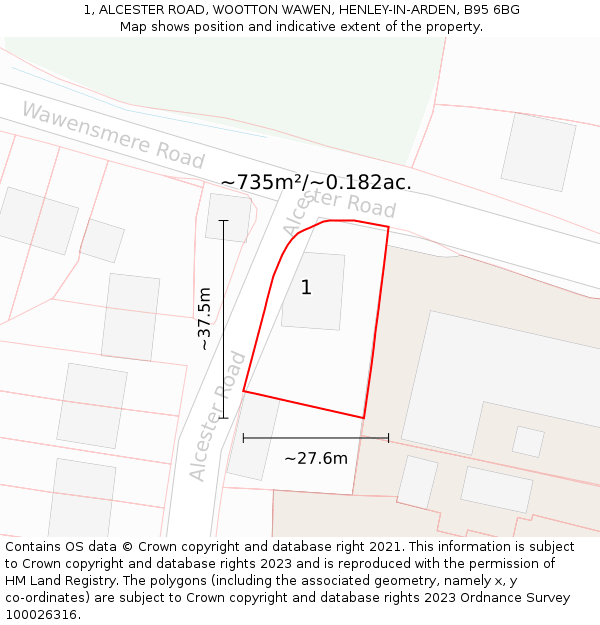 1, ALCESTER ROAD, WOOTTON WAWEN, HENLEY-IN-ARDEN, B95 6BG: Plot and title map