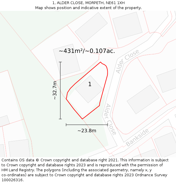 1, ALDER CLOSE, MORPETH, NE61 1XH: Plot and title map