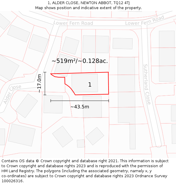 1, ALDER CLOSE, NEWTON ABBOT, TQ12 4TJ: Plot and title map