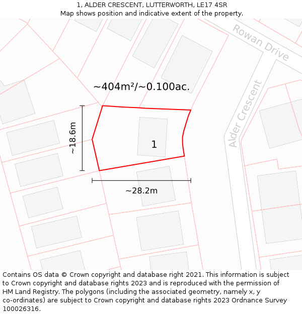 1, ALDER CRESCENT, LUTTERWORTH, LE17 4SR: Plot and title map