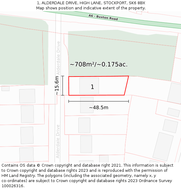 1, ALDERDALE DRIVE, HIGH LANE, STOCKPORT, SK6 8BX: Plot and title map