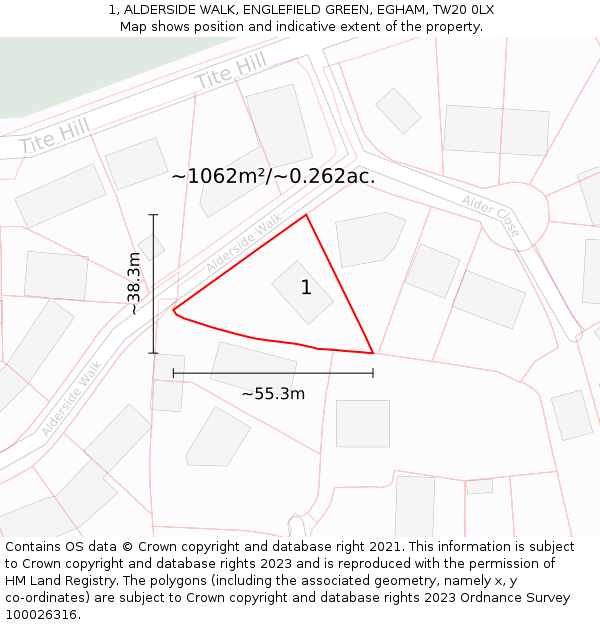 1, ALDERSIDE WALK, ENGLEFIELD GREEN, EGHAM, TW20 0LX: Plot and title map