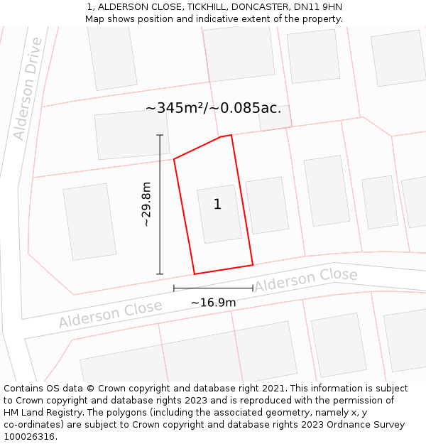 1, ALDERSON CLOSE, TICKHILL, DONCASTER, DN11 9HN: Plot and title map