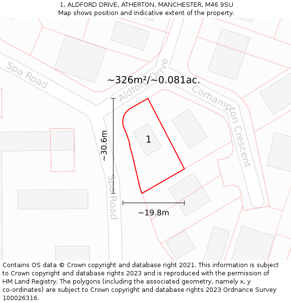 1, ALDFORD DRIVE, ATHERTON, MANCHESTER, M46 9SU: Plot and title map