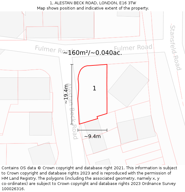 1, ALESTAN BECK ROAD, LONDON, E16 3TW: Plot and title map