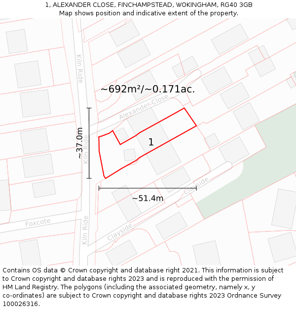 1, ALEXANDER CLOSE, FINCHAMPSTEAD, WOKINGHAM, RG40 3GB: Plot and title map