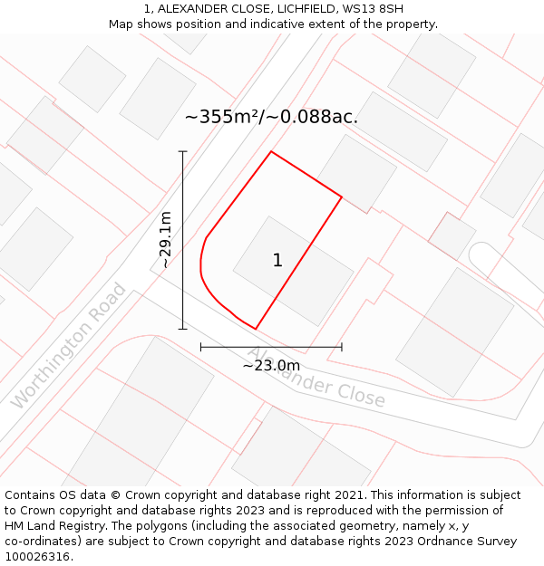 1, ALEXANDER CLOSE, LICHFIELD, WS13 8SH: Plot and title map