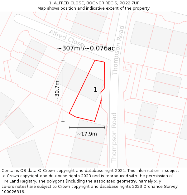 1, ALFRED CLOSE, BOGNOR REGIS, PO22 7UF: Plot and title map
