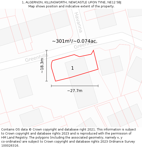 1, ALGERNON, KILLINGWORTH, NEWCASTLE UPON TYNE, NE12 5BJ: Plot and title map