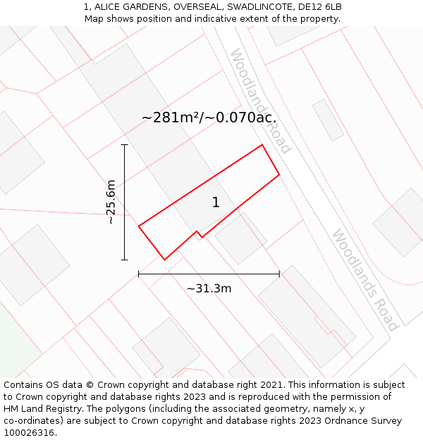 1, ALICE GARDENS, OVERSEAL, SWADLINCOTE, DE12 6LB: Plot and title map