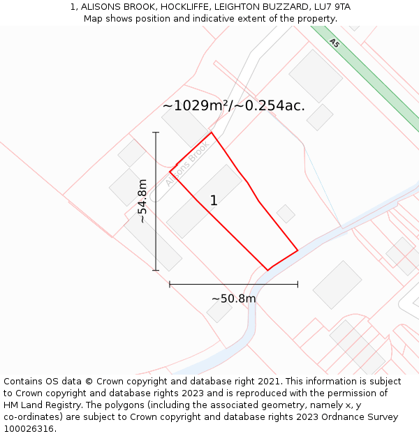 1, ALISONS BROOK, HOCKLIFFE, LEIGHTON BUZZARD, LU7 9TA: Plot and title map