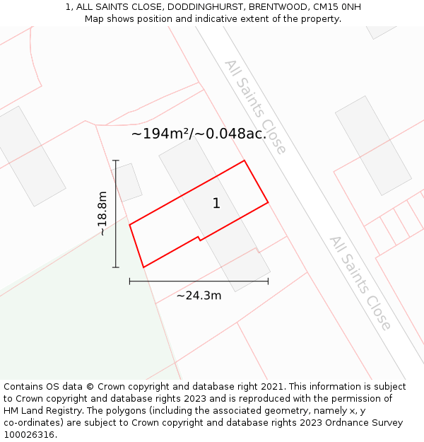 1, ALL SAINTS CLOSE, DODDINGHURST, BRENTWOOD, CM15 0NH: Plot and title map