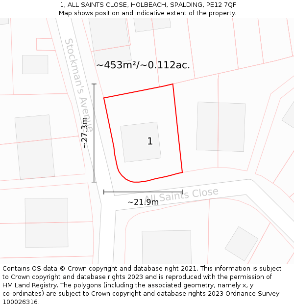 1, ALL SAINTS CLOSE, HOLBEACH, SPALDING, PE12 7QF: Plot and title map