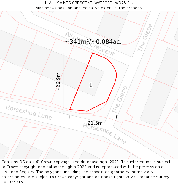 1, ALL SAINTS CRESCENT, WATFORD, WD25 0LU: Plot and title map