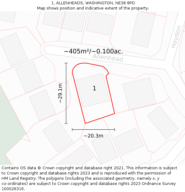 1, ALLENHEADS, WASHINGTON, NE38 8PD: Plot and title map