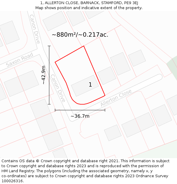 1, ALLERTON CLOSE, BARNACK, STAMFORD, PE9 3EJ: Plot and title map