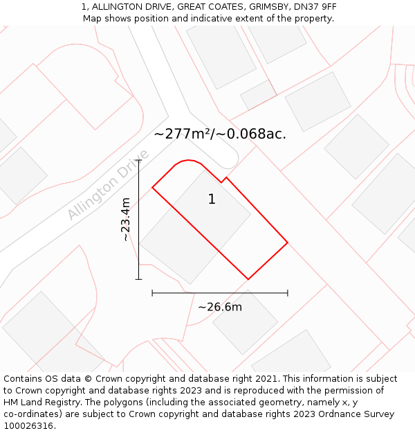 1, ALLINGTON DRIVE, GREAT COATES, GRIMSBY, DN37 9FF: Plot and title map