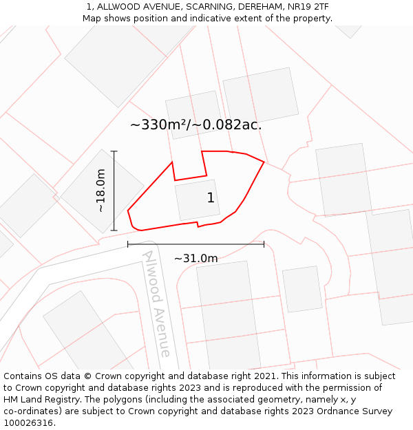 1, ALLWOOD AVENUE, SCARNING, DEREHAM, NR19 2TF: Plot and title map
