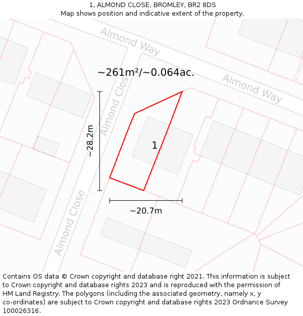 1, ALMOND CLOSE, BROMLEY, BR2 8DS: Plot and title map