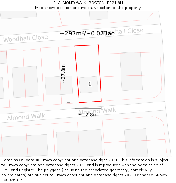1, ALMOND WALK, BOSTON, PE21 8HJ: Plot and title map