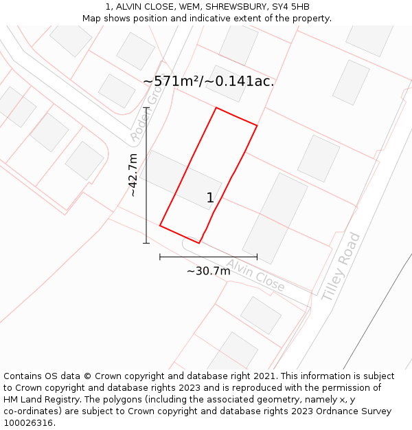 1, ALVIN CLOSE, WEM, SHREWSBURY, SY4 5HB: Plot and title map