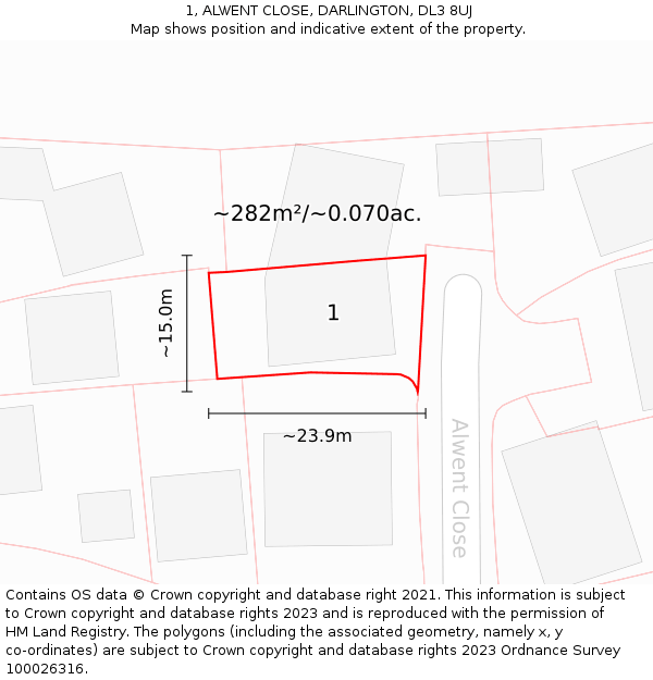 1, ALWENT CLOSE, DARLINGTON, DL3 8UJ: Plot and title map