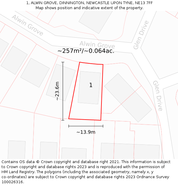 1, ALWIN GROVE, DINNINGTON, NEWCASTLE UPON TYNE, NE13 7FF: Plot and title map