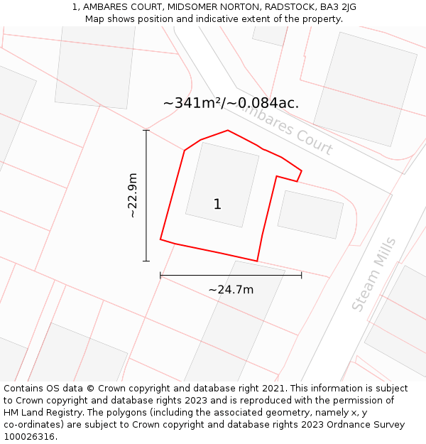 1, AMBARES COURT, MIDSOMER NORTON, RADSTOCK, BA3 2JG: Plot and title map