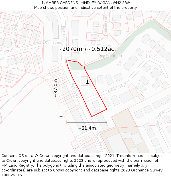 1, AMBER GARDENS, HINDLEY, WIGAN, WN2 3RW: Plot and title map
