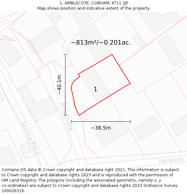 1, AMBLECOTE, COBHAM, KT11 2JP: Plot and title map
